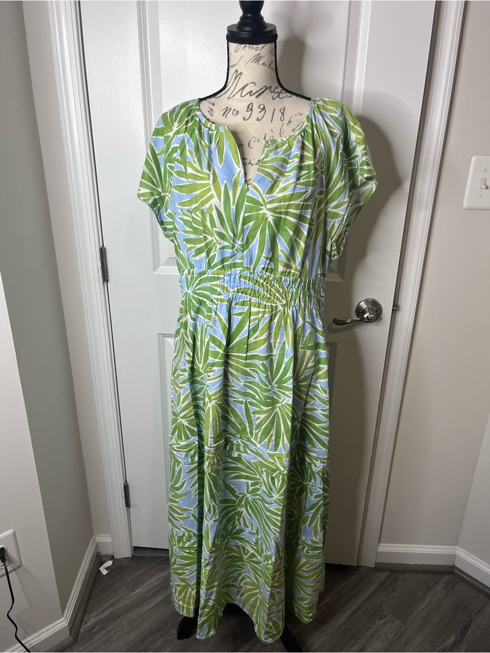 Sigrid Olsen Green & Light Blue Palm-Print Smocked-Waist Maxi Dress XL